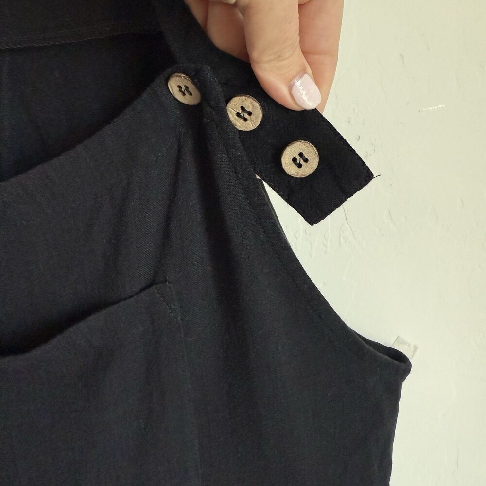 Womens Large Black Linen Blend Overall Romper Shorts Boho Festival Breathable - Picture 7 of 16